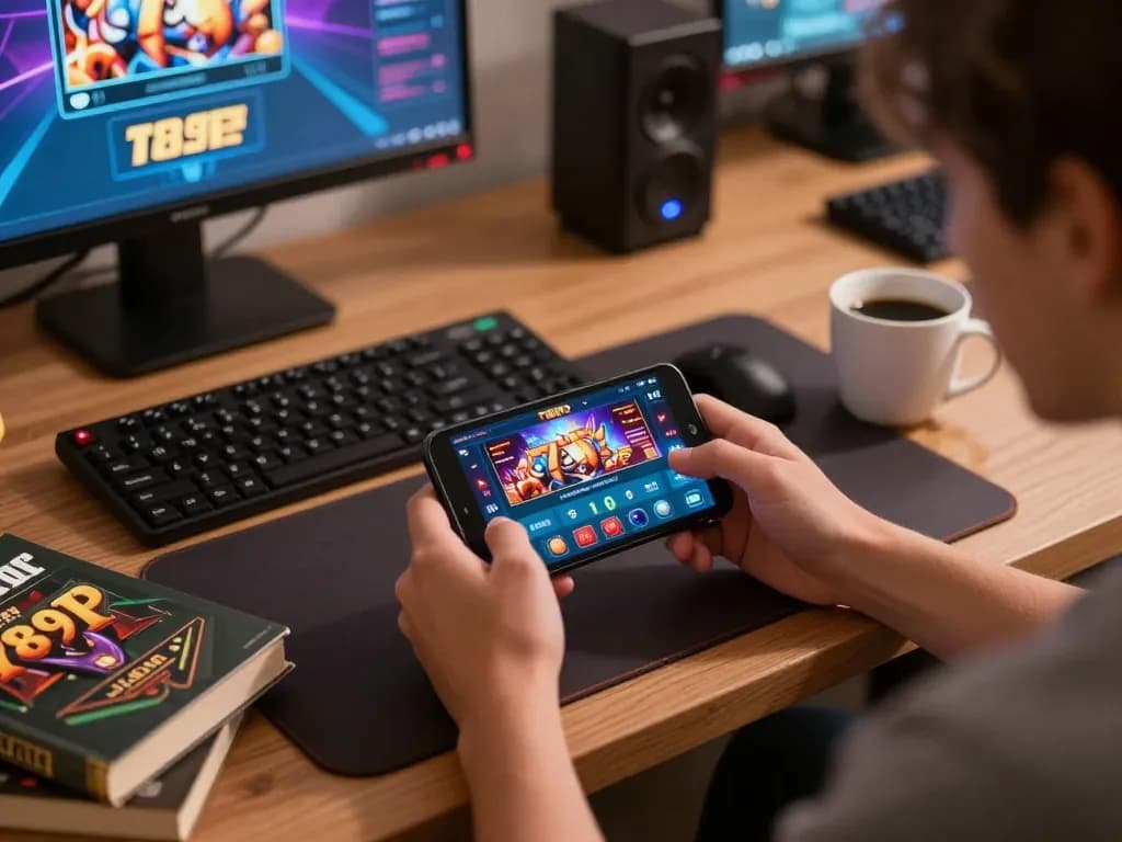 Player immerses in the 789P casino app on phone surrounded by gambling strategy materials.