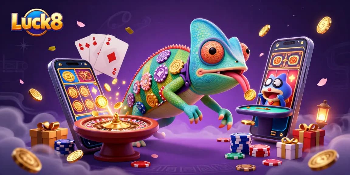 Luck8 chameleon casino owner eagerly capturing golden coins amidst vibrant gambling elements.