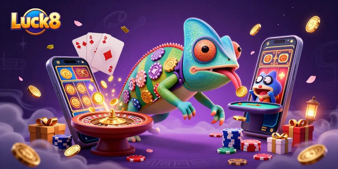 Luck8 chameleon casino owner eagerly capturing golden coins amidst vibrant gambling elements.