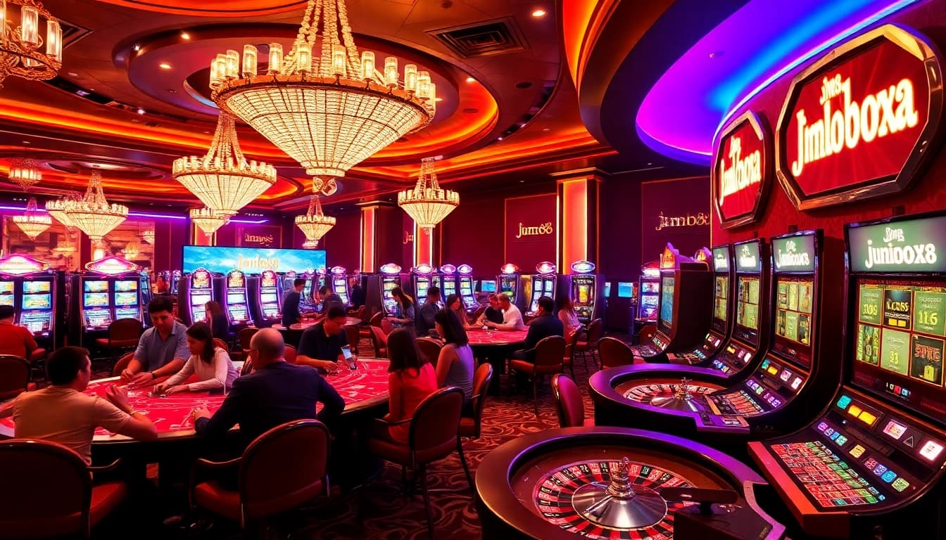 Players enjoy thrilling games at jun88 casino, surrounded by luxurious decor and vibrant gaming options.