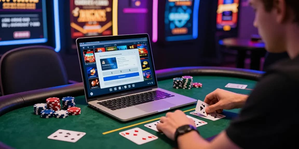 Dynamic player enjoying games at credit card casinos with laptop and colorful surroundings