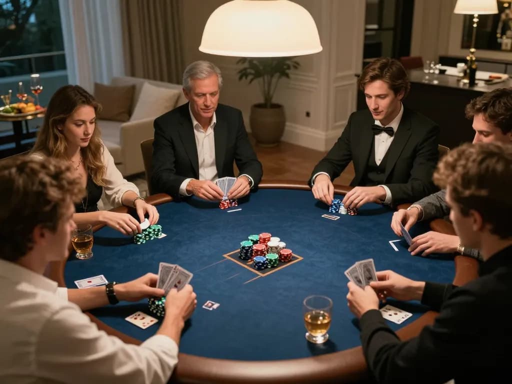 Players engaged in an exciting poker game at home, highlighting strategic moments in rik vip
