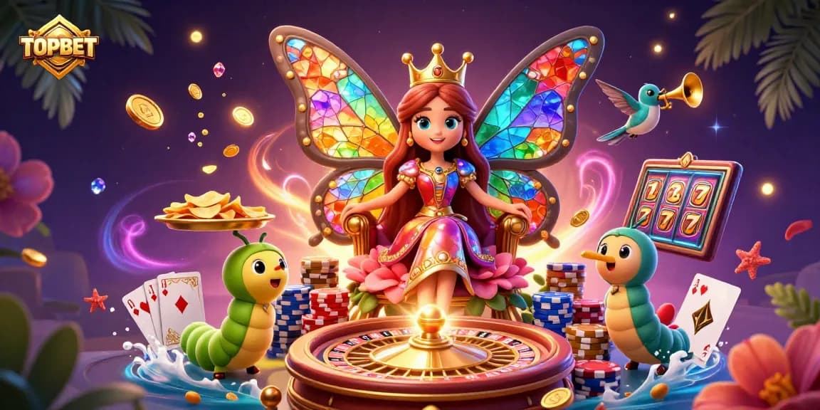 Experience the vibrant gaming world of TOPBET, featuring a whimsical butterfly queen and dynamic casino elements.