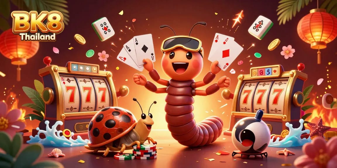 Experience exciting gameplay with BK8 Thailand as a vibrant millipede dealer, showcasing colorful cards and dynamic casino elements.