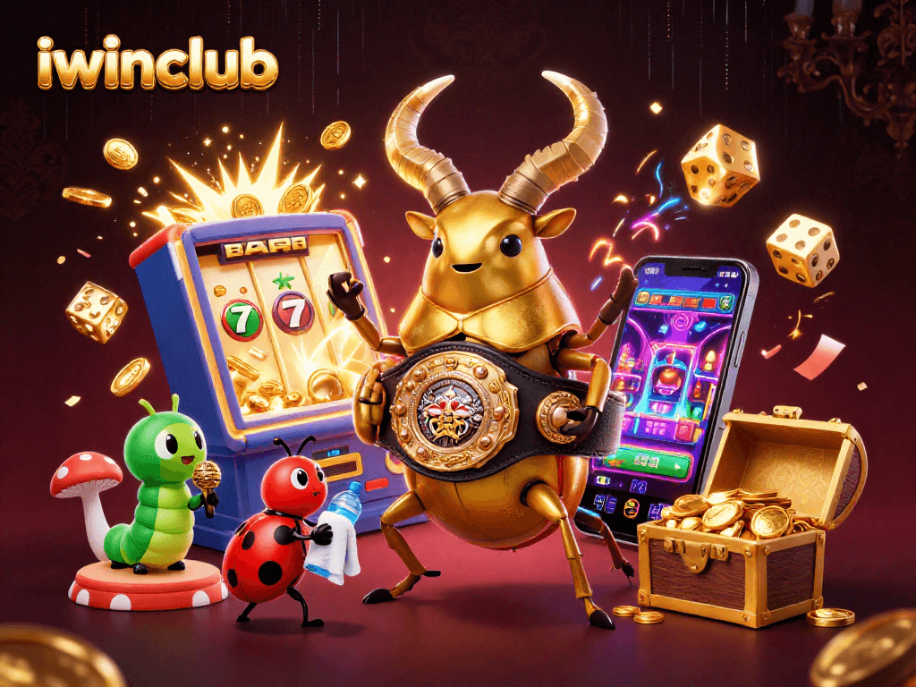 Experience the thrilling action of iwinclub with a vibrant 3D illustration of a boxing beetle amidst casino excitement.