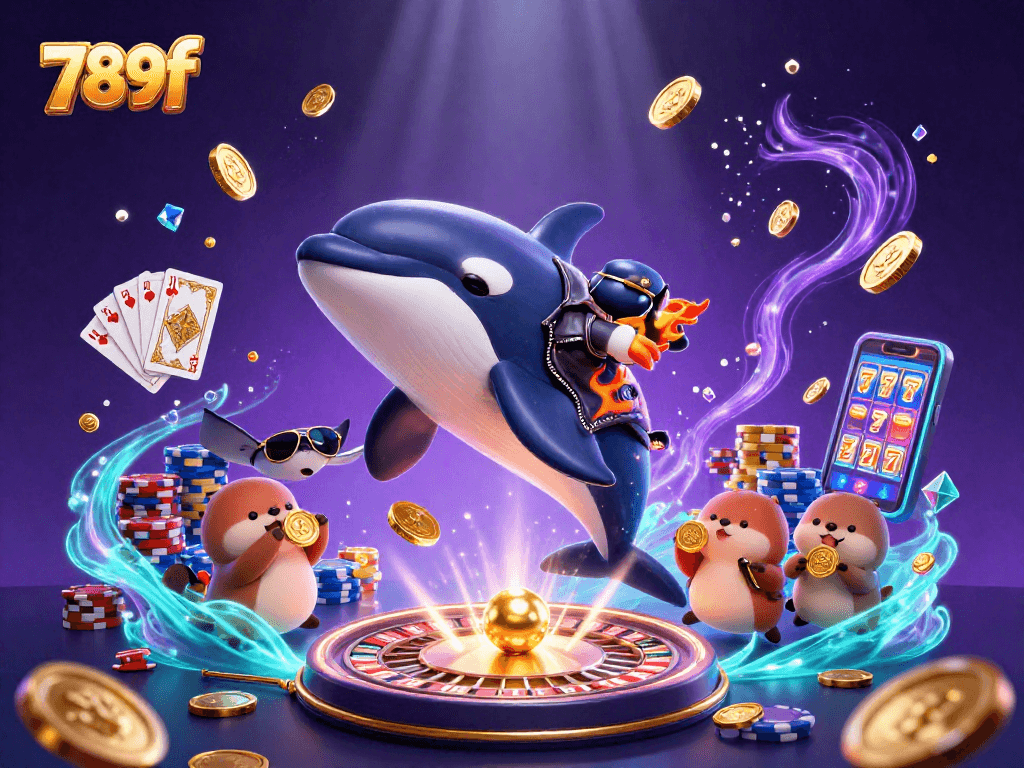 Experience winning moments at 789f with playful sea creatures amidst swirling casino excitement and vibrant colors.