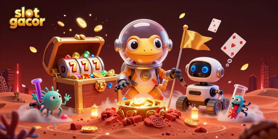 Engage with slot gacor in a vibrant 3D Martian casino scene featuring treasure and excitement.