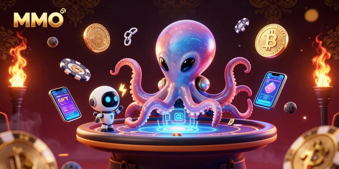 MMOO showcases an alien octopus at a holographic poker table, enhancing the online casino experience.