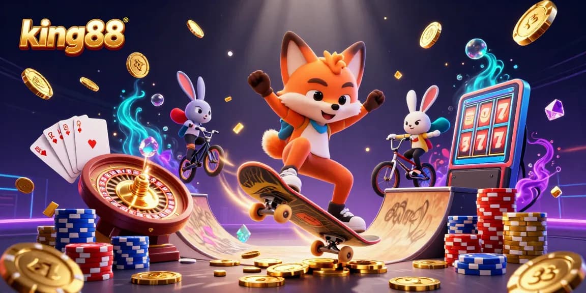 king88 showcases vibrant gaming excitement with a dynamic scene of a cartoon fox and rabbit performing stunts amidst casino symbols.