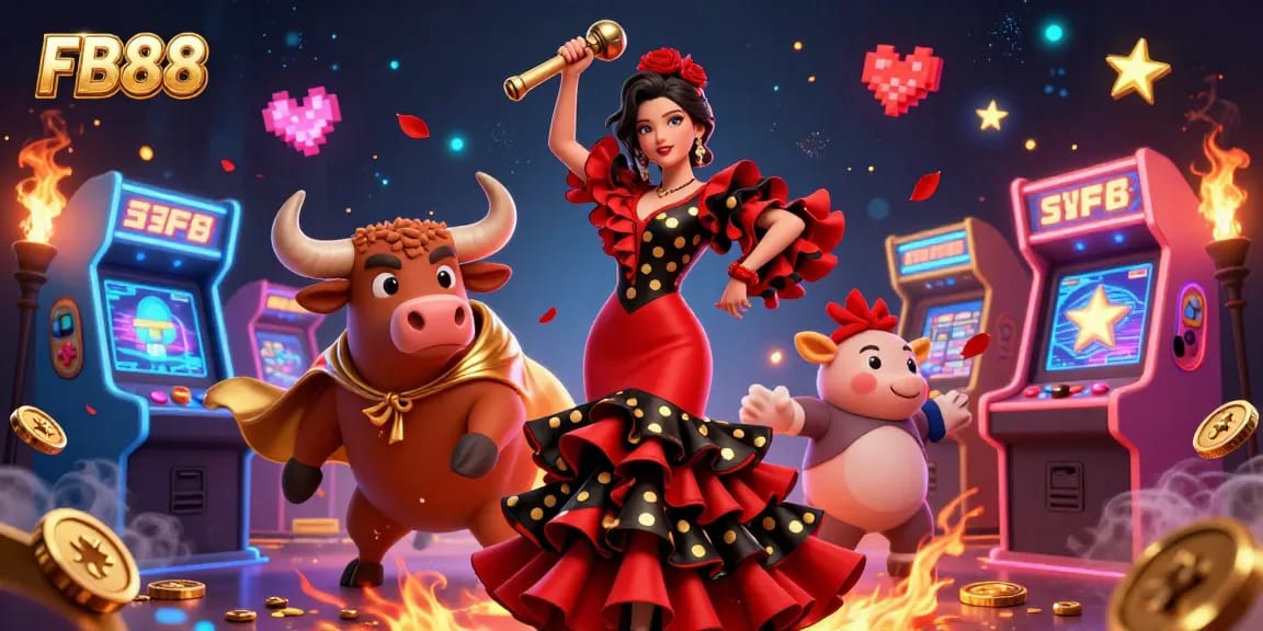 Engage in thrilling gaming at FB88 with a vibrant scene featuring lively characters and casino elements.