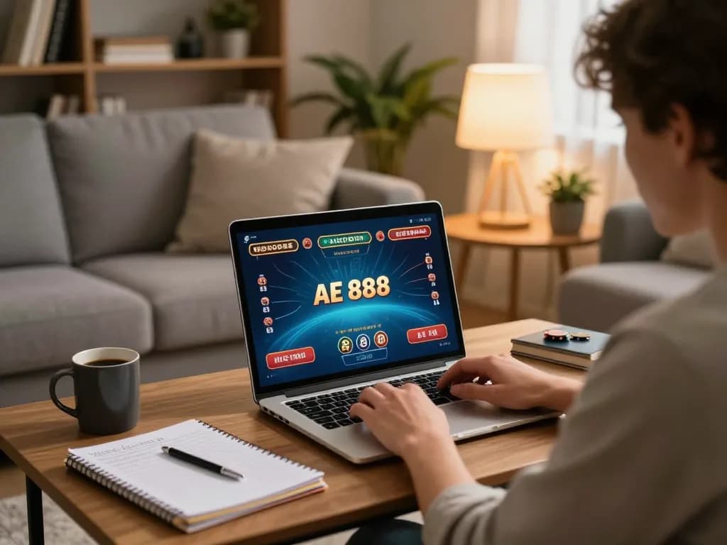 Engaging player enjoying AE 888 poker on a laptop in a cozy home setup, emphasizing responsible gambling.