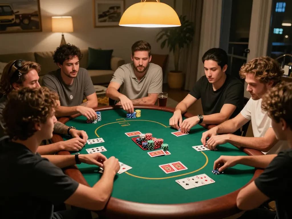 Players enjoying a friendly poker night with 1gom strategy tips under warm lighting.