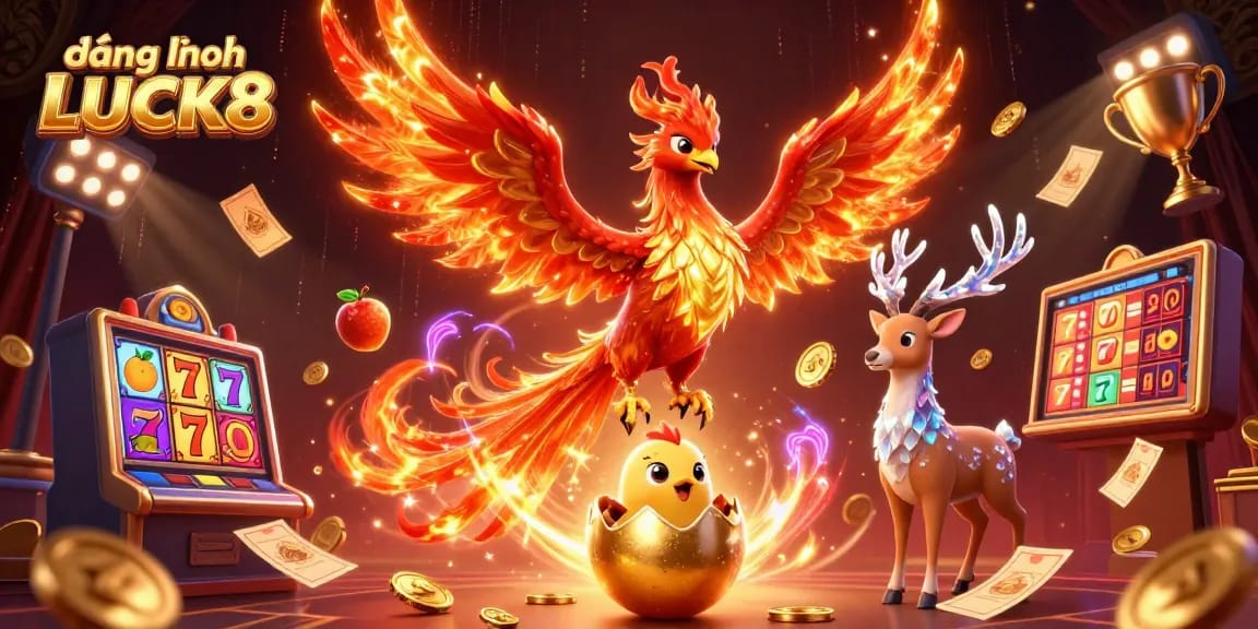 Engage in thrilling games as bạn đăng nhập LUCK8 with a vibrant phoenix scene promoting casino excitement.