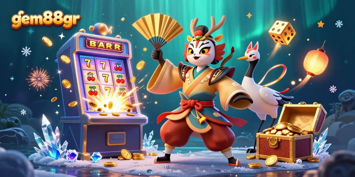 A dynamic casino scene featuring gem88gr with a kabuki warrior and a jackpot slot machine explosion.