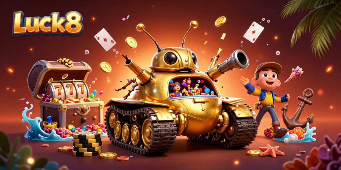 Experience the excitement of Luck8 in a whimsical casino scene with vibrant gaming elements.
