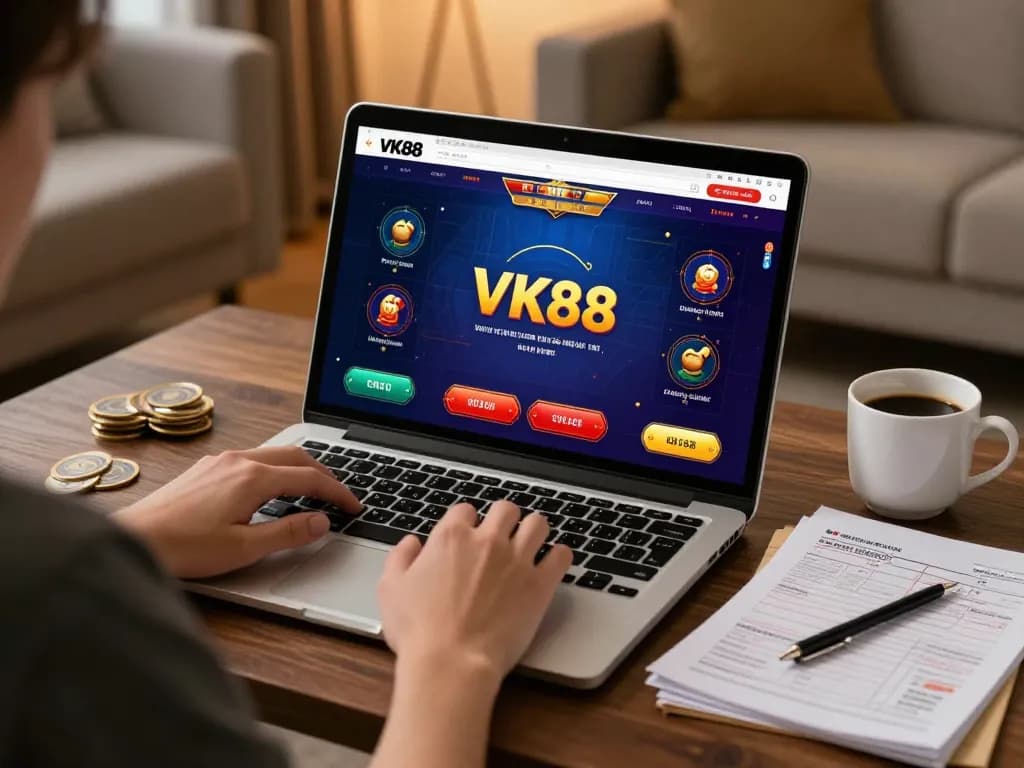 Player enjoying VK88's online casino games on laptop in cozy living room setting.
