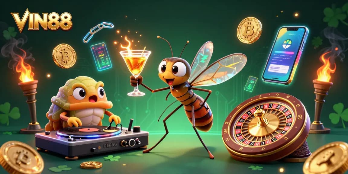 Experience excitement with VIN88 casino's vibrant 3D characters, golden roulette wheel, and floating crypto elements.