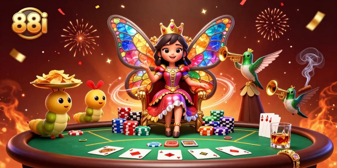 88i presents a vibrant illustration of a butterfly queen engaging in a lively casino scene with poker elements.