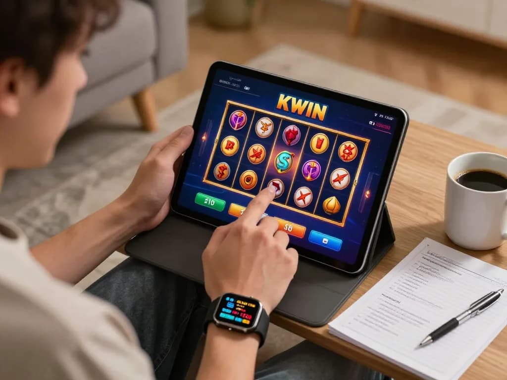 Kwin player engaging with casino app on tablet while relaxing at home with strategy notes.
