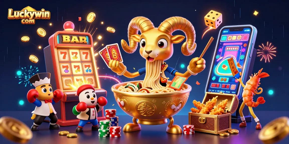 Experience thrilling gameplay at Luckywin com with engaging characters and vibrant casino elements in this dynamic illustration.