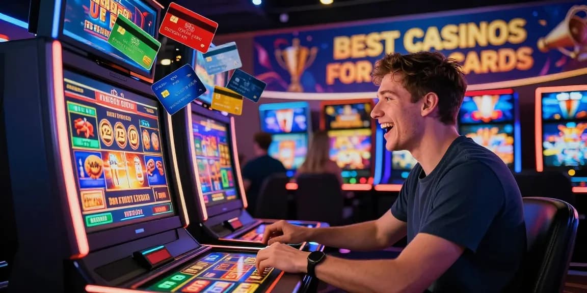 Excited player enjoying games at the best casinos for credit cards online, surrounded by vibrant casino elements and credit card icons.