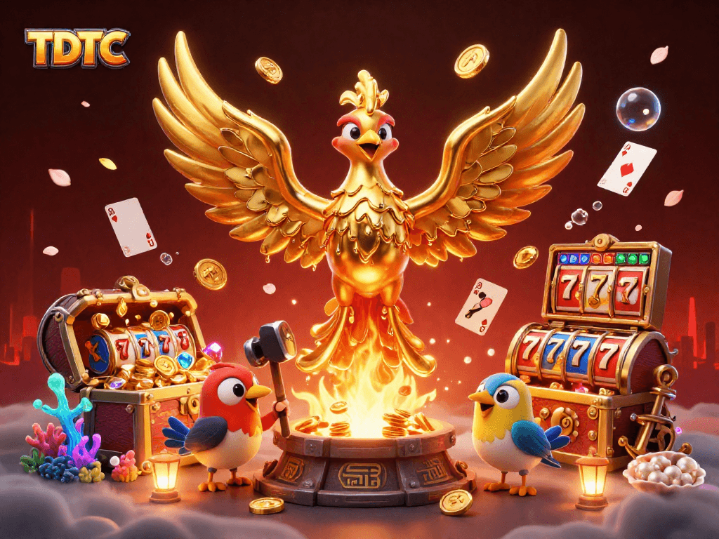 Experience the excitement of TDTC with a golden phoenix and dynamic casino elements in an ultra-detailed 3D illustration.