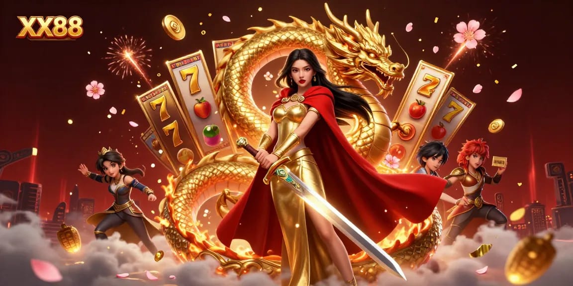 Win big at XX88 casino with a thrilling 3D digital illustration of a warrior queen and golden dragon.