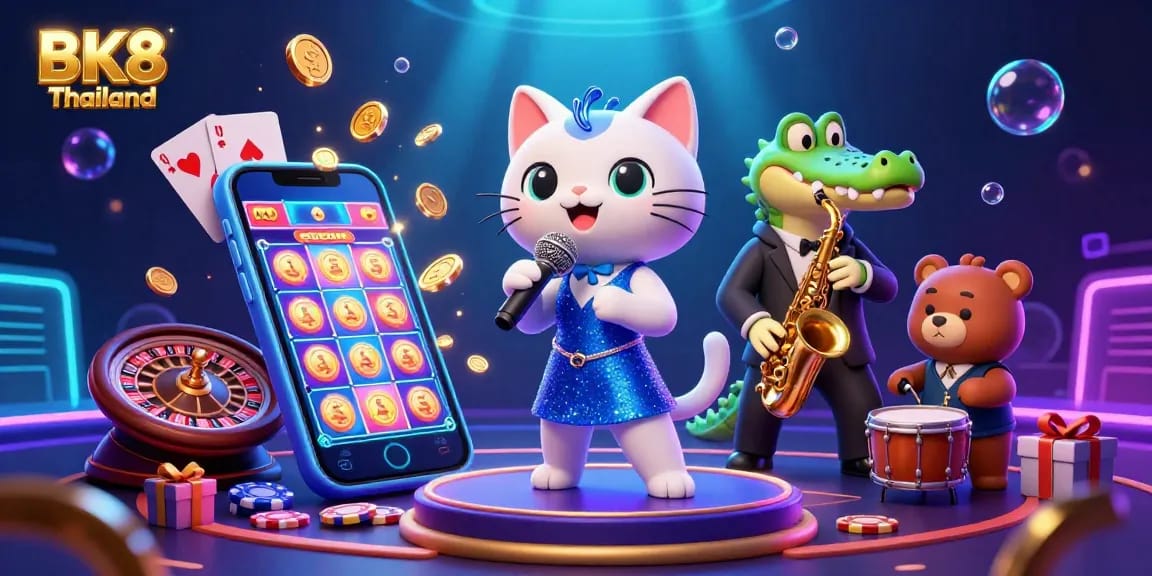 Win big with BK8 Thailand as a jazzy cat sings on stage surrounded by casino elements and exciting gameplay.