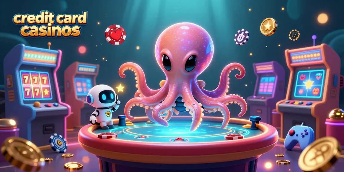 Engage with exciting credit card casinos featuring a vibrant alien octopus at a floating poker table.