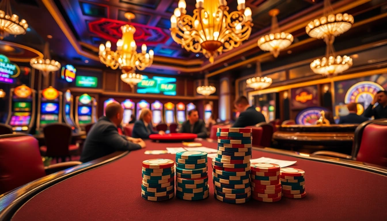 Experience high-stakes gaming at open88 with vibrant poker tables and dazzling casino lights.