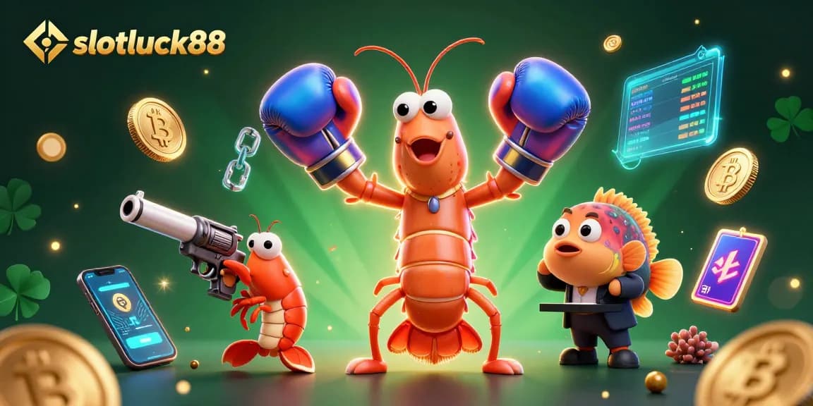 Spin the reels on slotluck88 with vibrant 3D characters in a gambling-themed digital art scene.