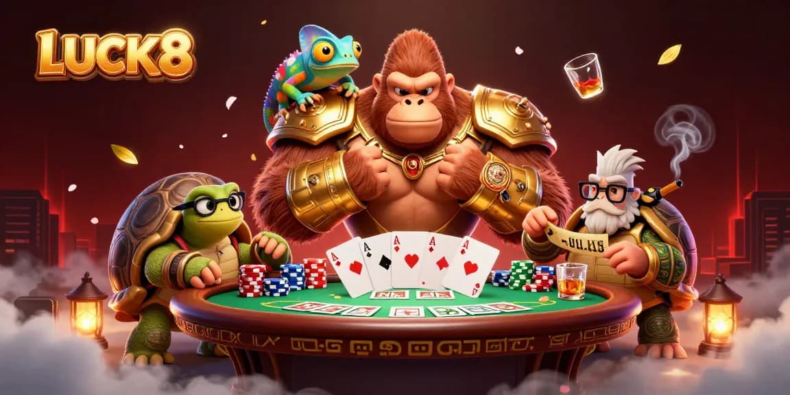 LUCK8 showcases an engaging scene with a gorilla king, chameleon, and tortoise amidst vibrant poker elements.
