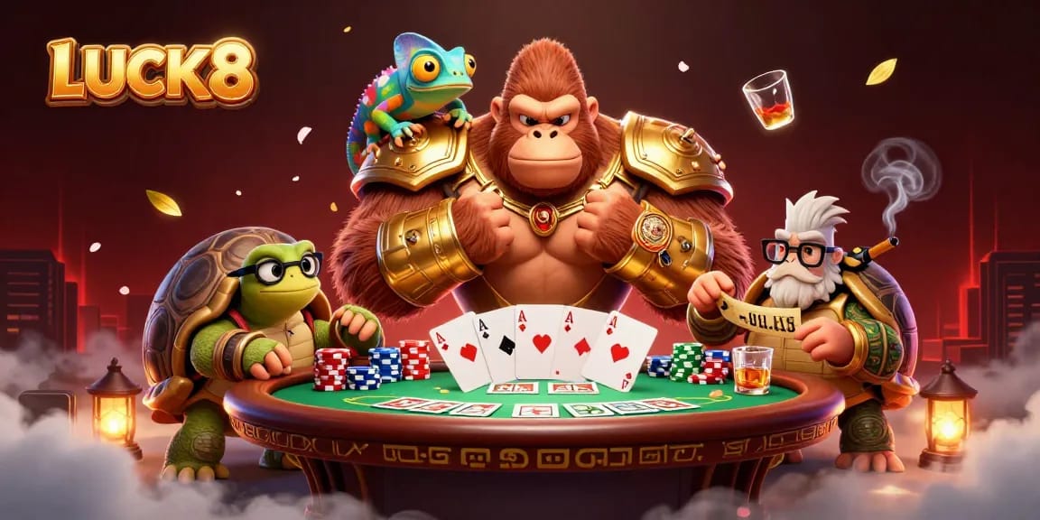 LUCK8 showcases an engaging scene with a gorilla king, chameleon, and tortoise amidst vibrant poker elements.