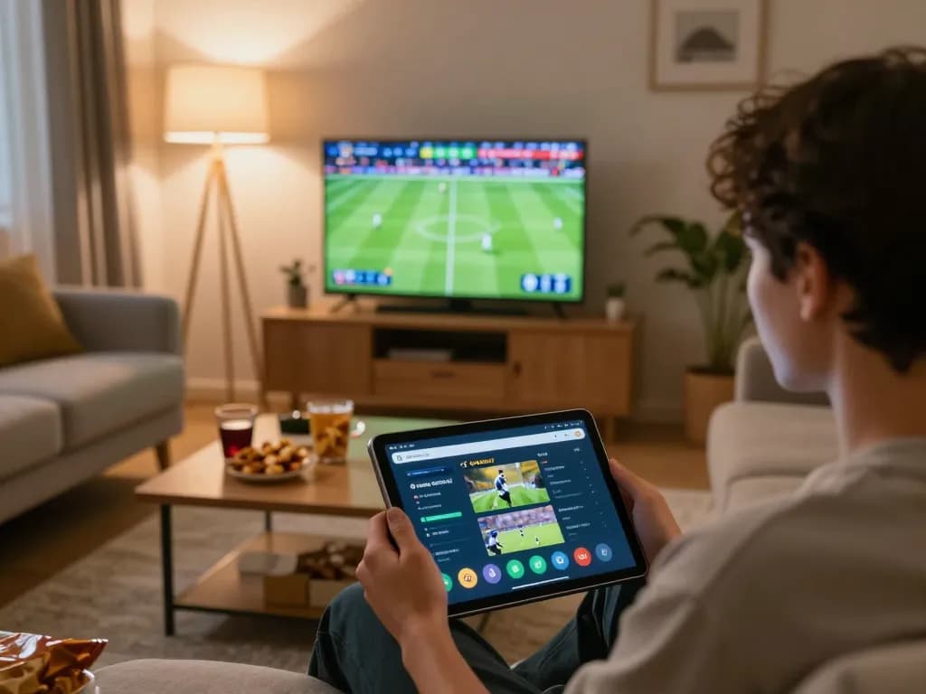 Cakhia TV app displaying live football match streaming in a cozy home setting