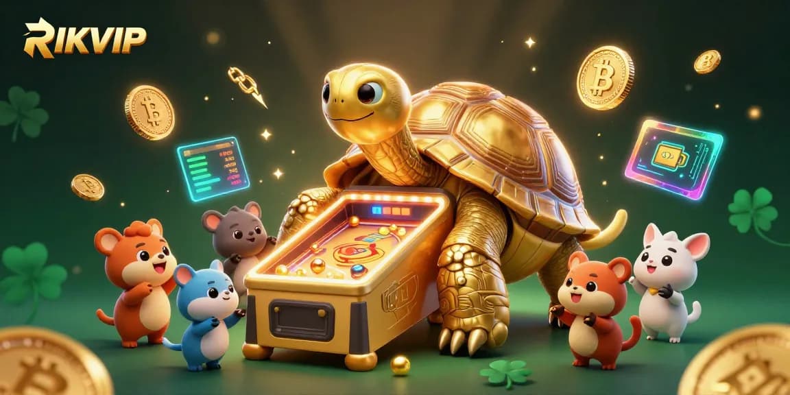 Experience thrilling gaming with RIKVIP’s vibrant casino world featuring a giant golden tortoise.