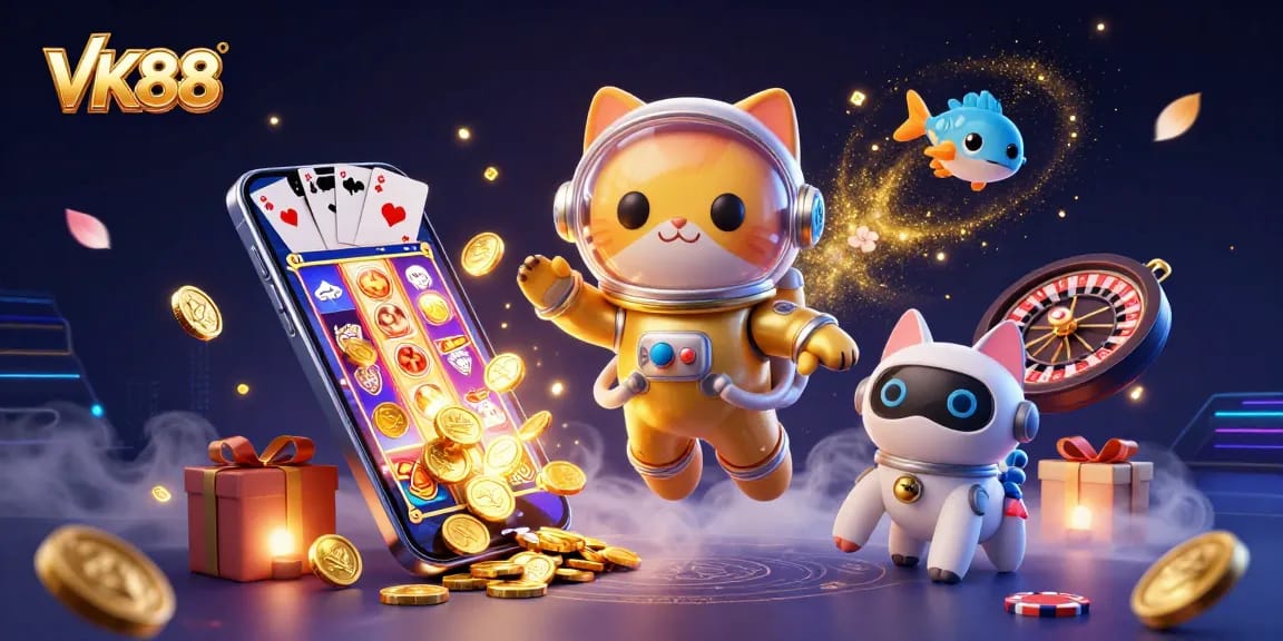 VK88 immersive gaming experience with a space cat and robot, interactive slot fun.
