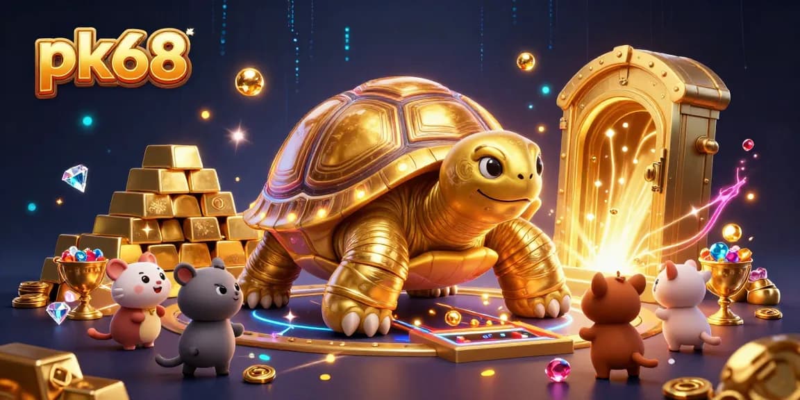 Engage with pk68’s vibrant gaming world featuring a colossal tortoise pinball machine and treasure elements.