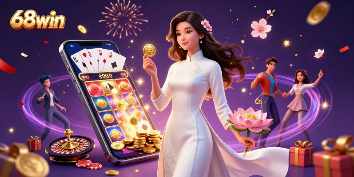 Engage in captivating gameplay with 68win's vibrant casino elements and stunning illustration.