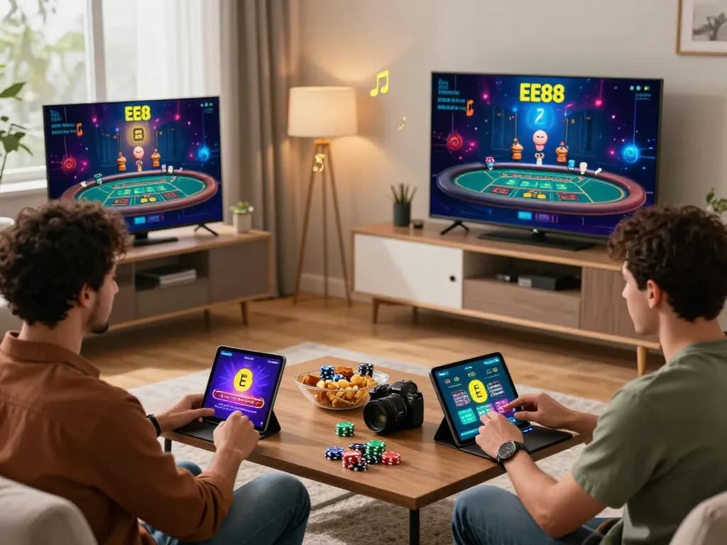 Engaged players enjoying EE88's vibrant online gambling games in a cozy living room setting.