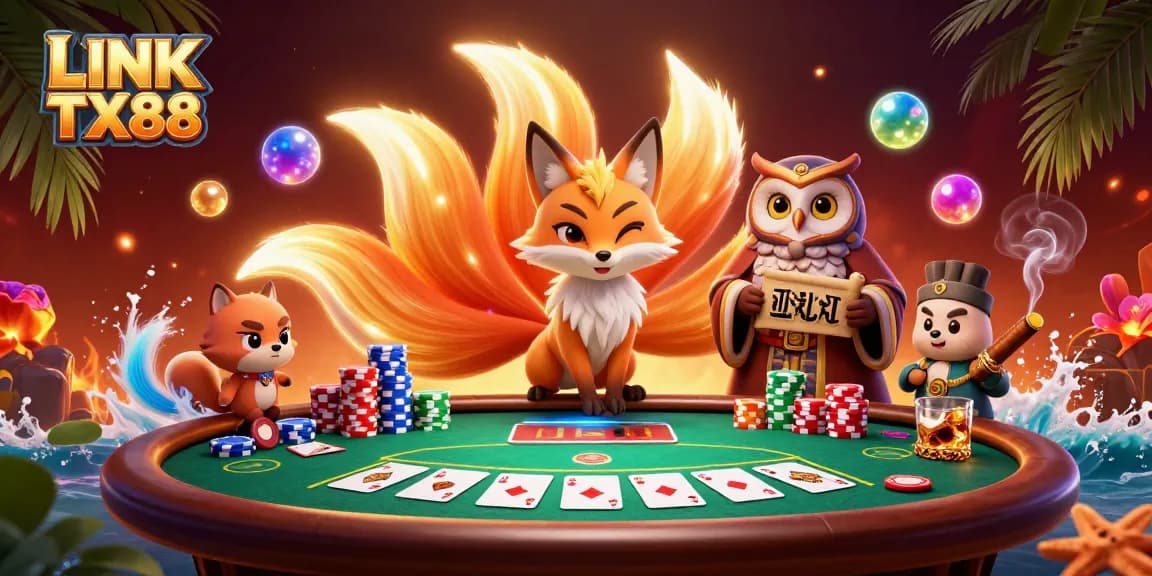 Experience the excitement at LINK TX88 with a vibrant casino scene featuring colorful characters and poker elements.