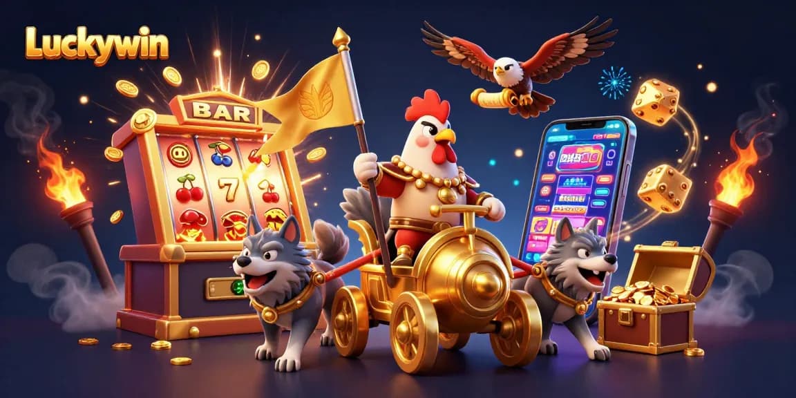 Experience exciting gameplay at Luckywin with a dynamic 3D illustration of casino adventures.