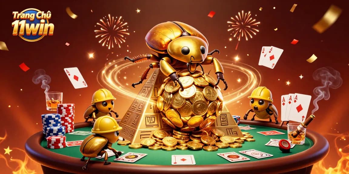 Experience cheery wins at Trang Chủ 11win with a vibrant casino-themed illustration featuring golden beetles and poker elements.