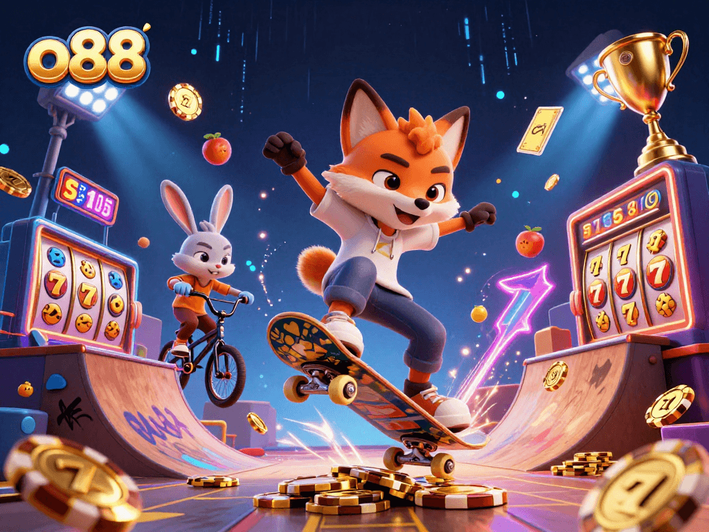 Experience thrilling wins at o88 with vibrant slot symbols and animated characters in an engaging casino scene.