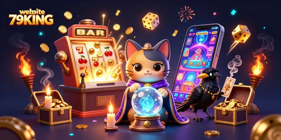 Engage with thrilling games on website 79KING featuring a mystical scene with vibrant slot machine elements.
