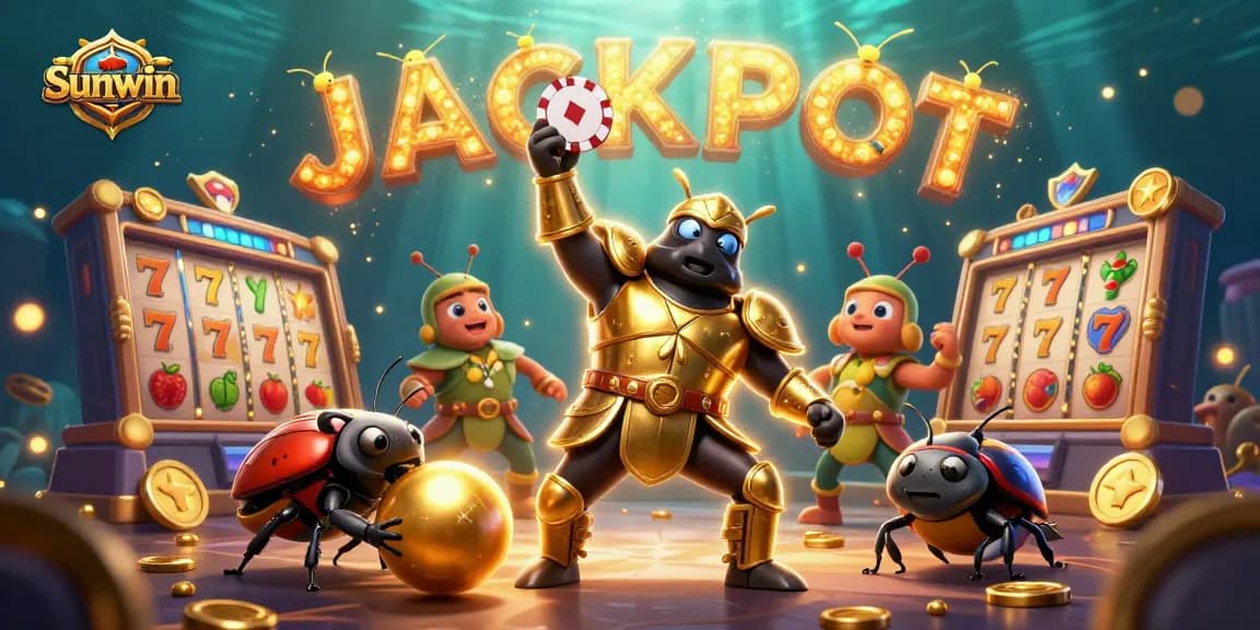 Sunwin online casino illustration showcasing a victorious beetle with poker chips and slot reels.