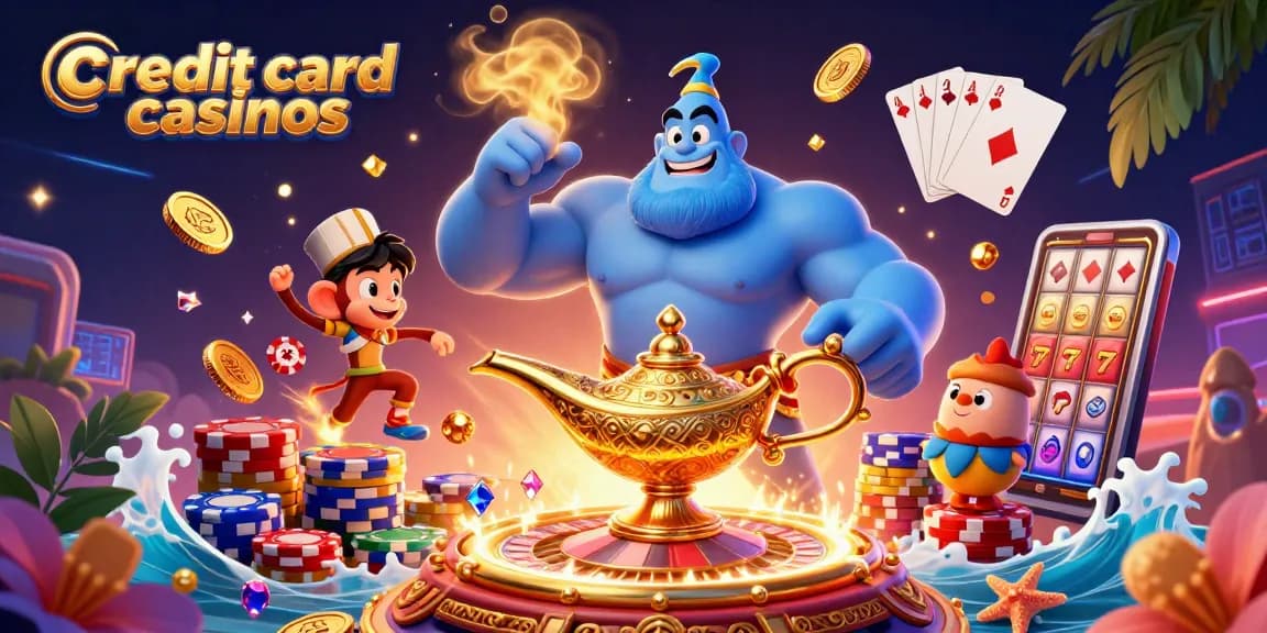 Experience the excitement of credit card casinos with a genie and magical elements in a vibrant casino scene.