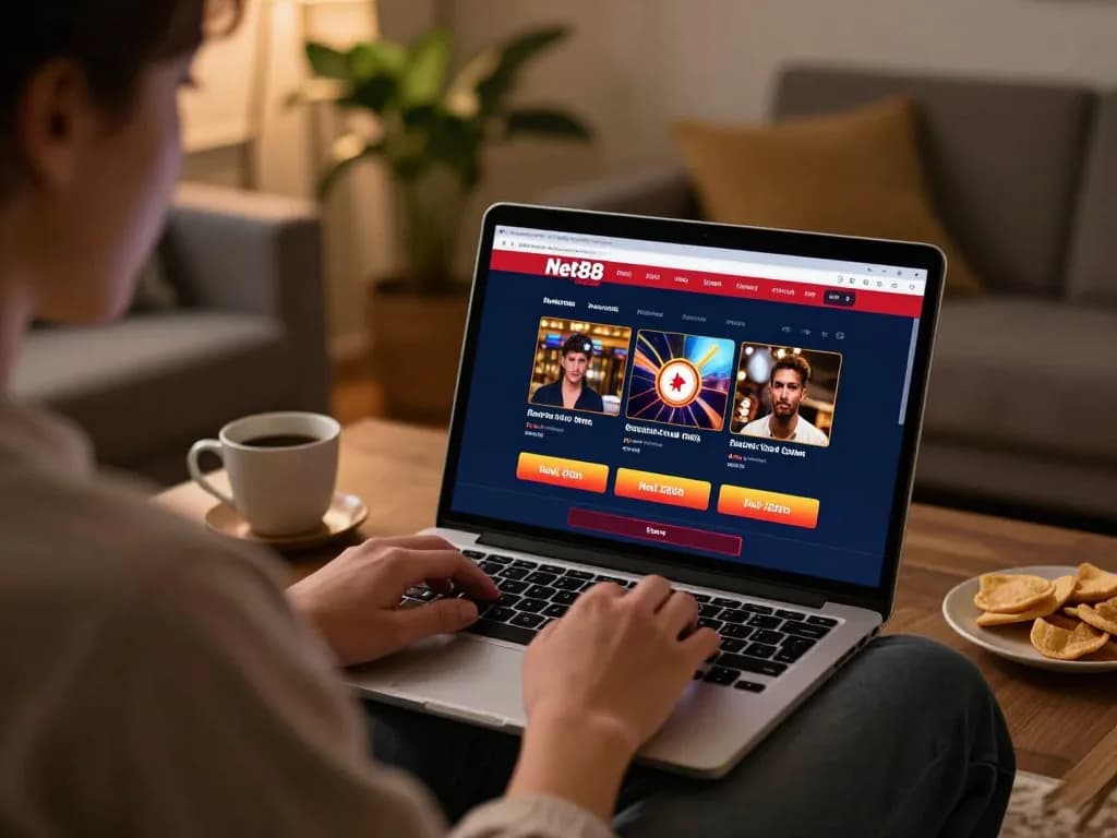 Engaging in online gaming with Net88's casino interface, showcasing a modern home setting.