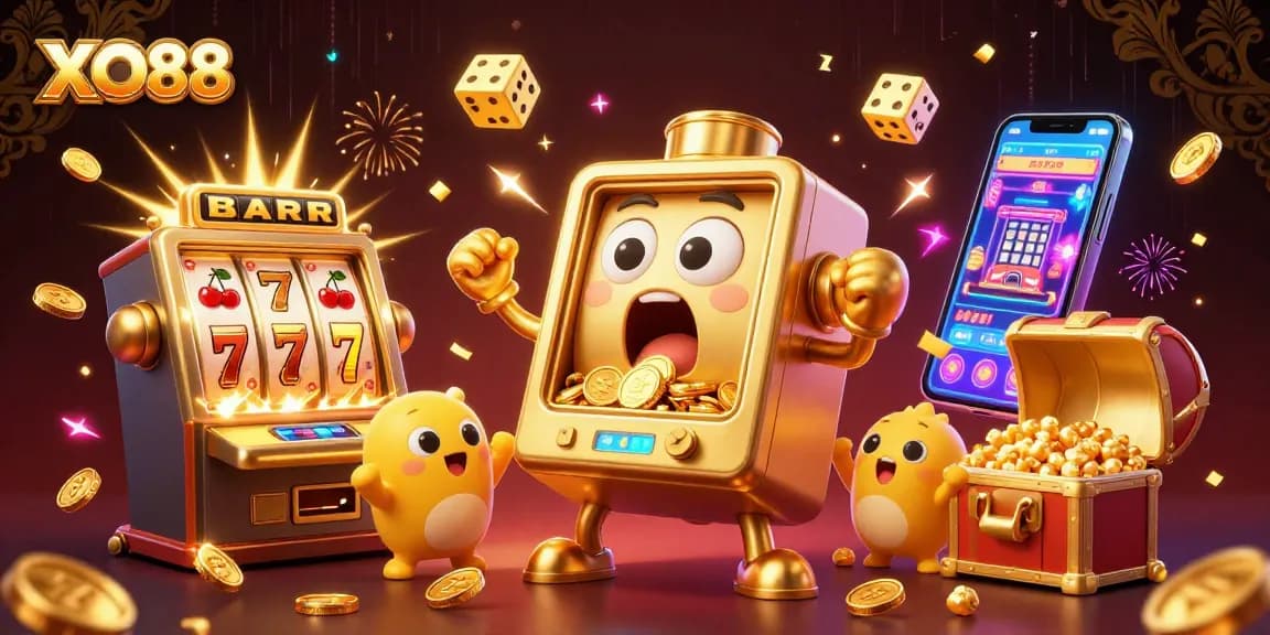 XO88 slot machine celebrating a jackpot with vibrant coins and jubilant atmosphere.