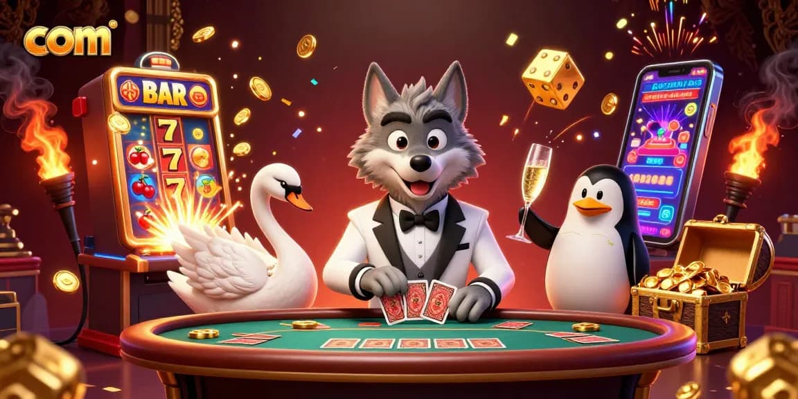 Spin at the com slots with vibrant games, featuring a stylish wolf dealer and a swan.