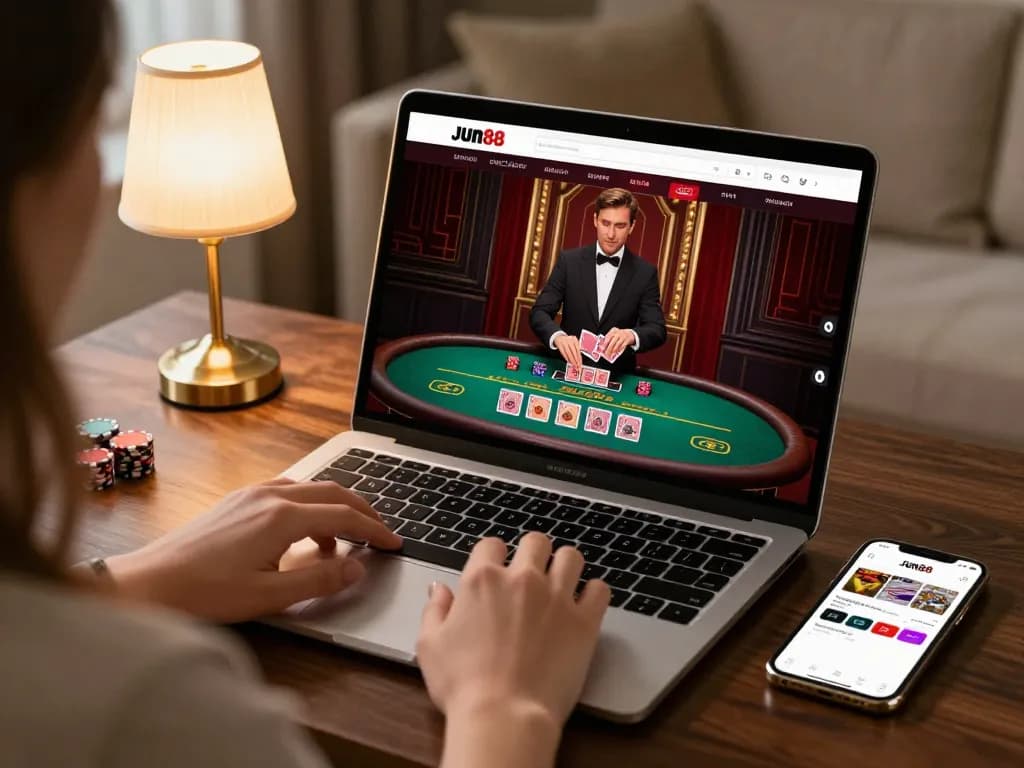 Experience online gaming with Jun88's live dealer games on a laptop in a cozy home setting.